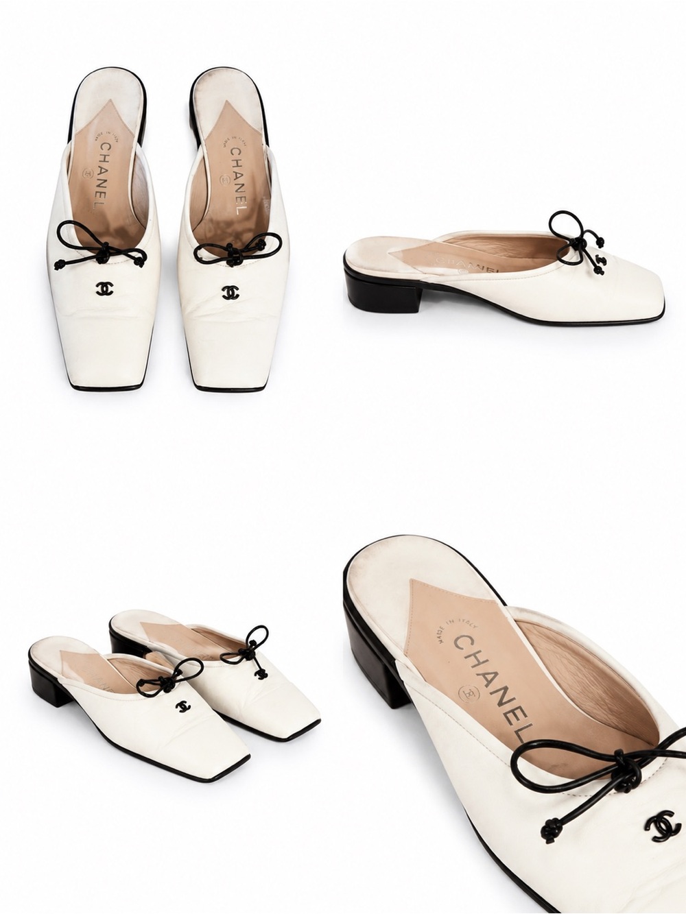 CHANEL White Leather Bow-Trim Square-Toe Mules